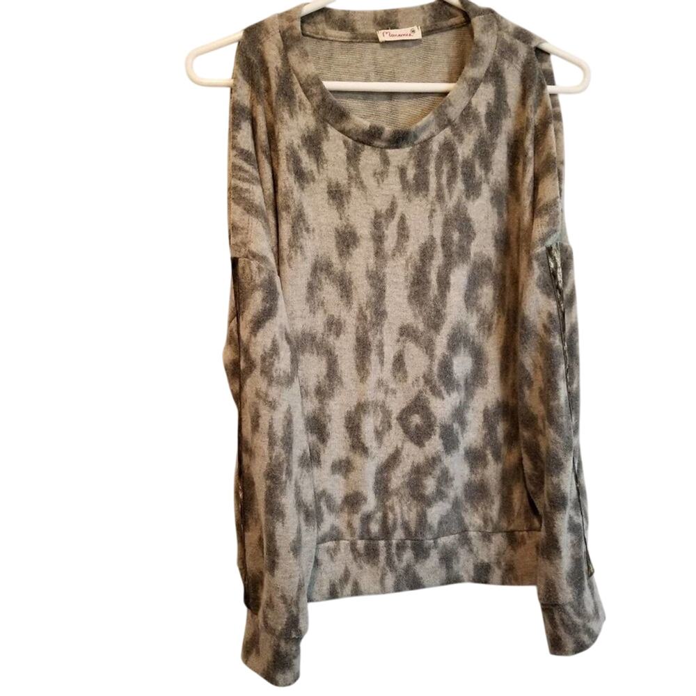 Anthropologie x Maronie animal print cold shoulder velvet fuzzy soft sweater